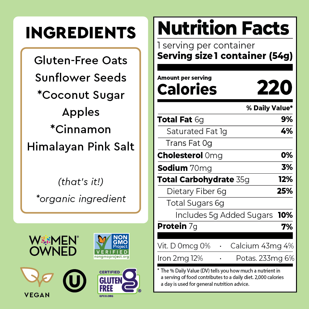 Nutrition label and ingredients list on a green background