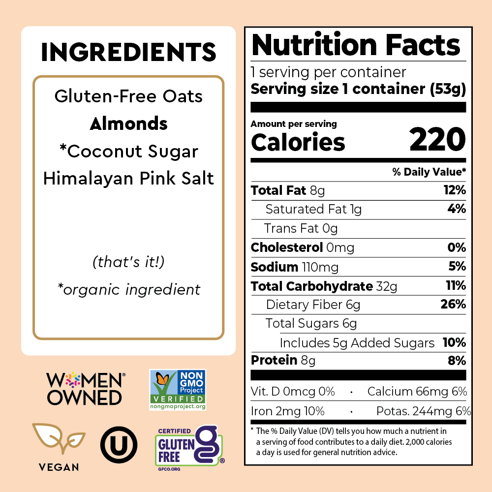 Nutrition label and ingredients list for a product with visible certification logos on a beige background.