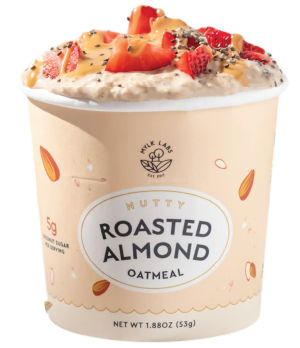 roasted almond oatmeal cup with fruit and chia
