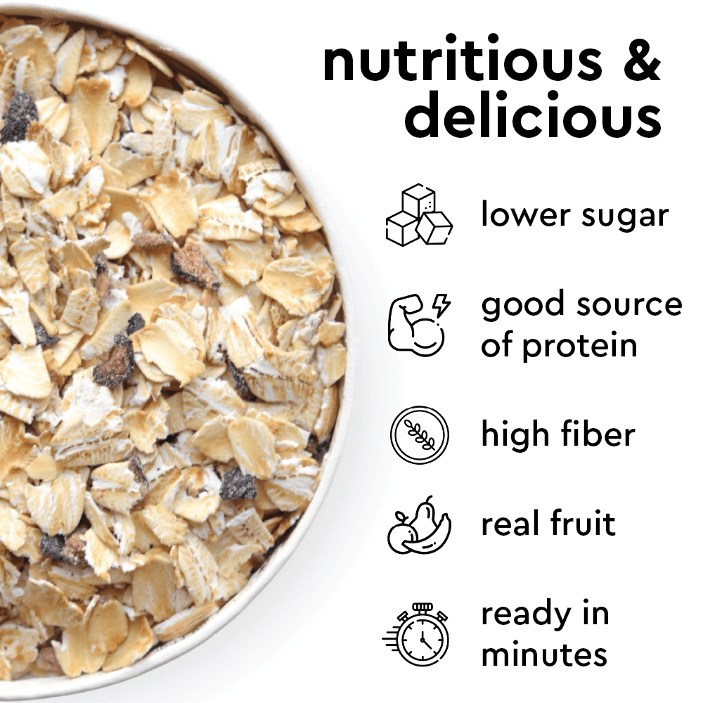 oatmeal features - low sugar, high protein, fiber, real fruit