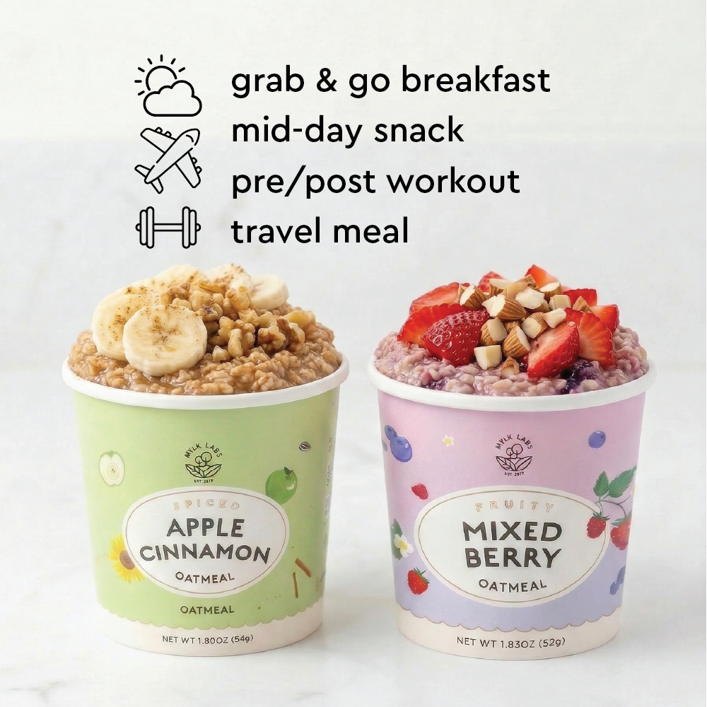 Two containers of oatmeal, one apple cinnamon and one mixed berry, with text indicating their uses.