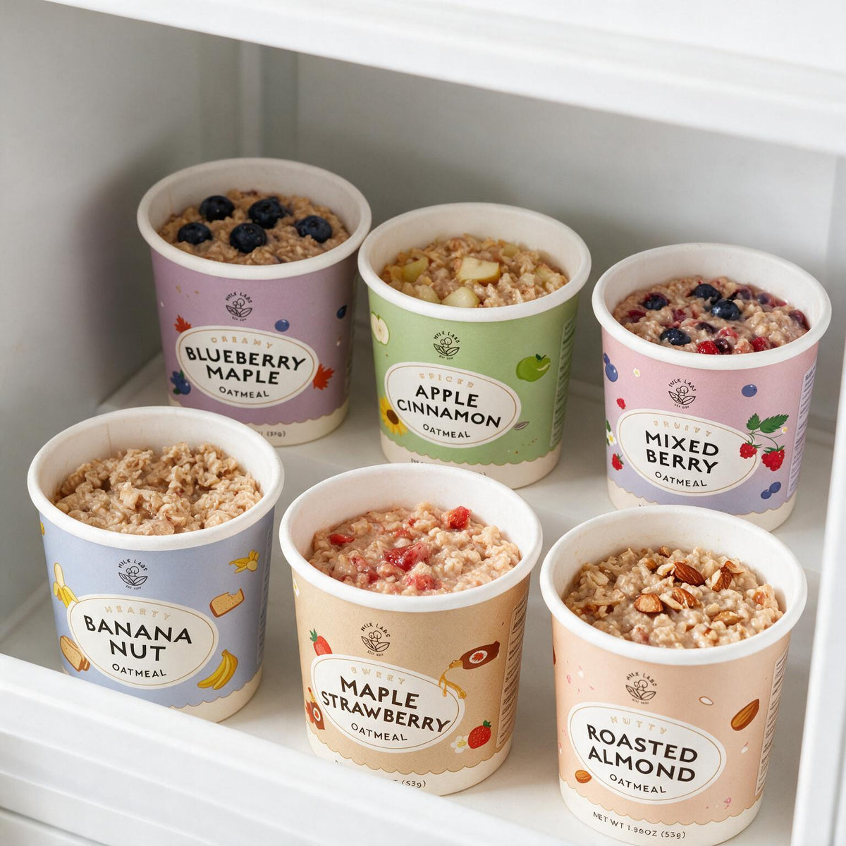 6 oatmeal cups with fruits and toppings