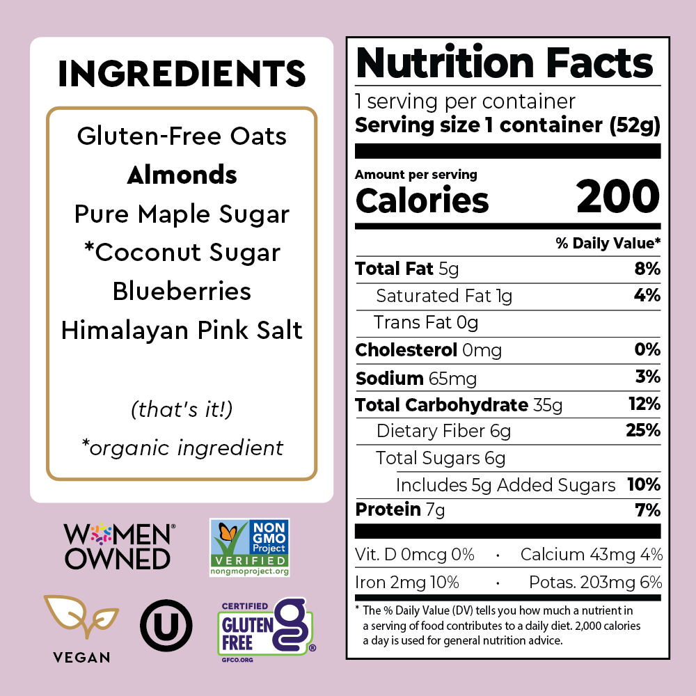 Mylk Labs Blueberry Maple Instant Oatmeal Nutrition label and ingredients list on a pink background with certification logos.