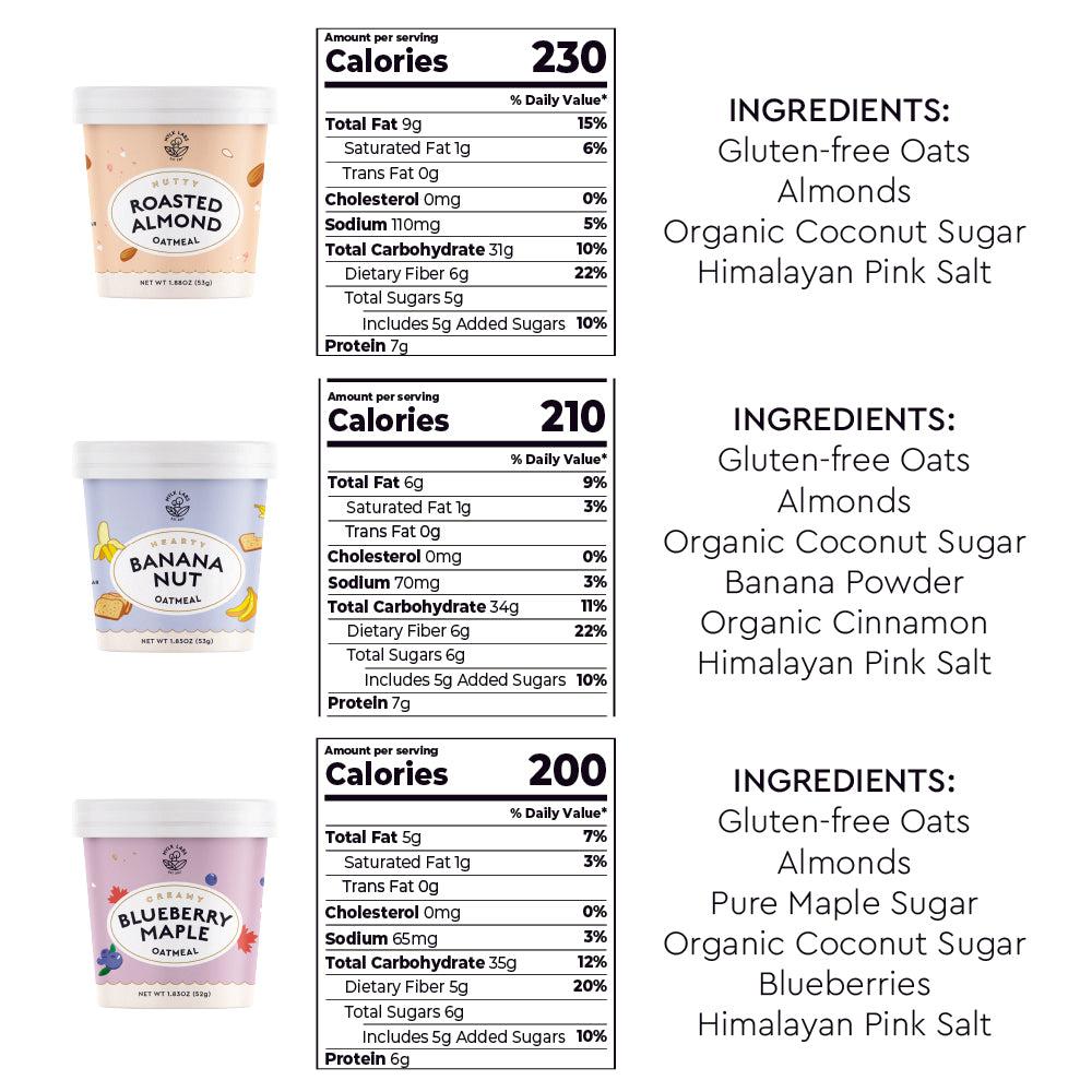 Mylk Labs Banana Nut, Blueberry Maple and Roasted Almond Instant Oatmeal ingredients and nutrition