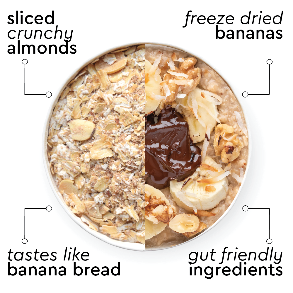 Oatmeal bowl with ingredients labeled and text describing taste and benefits
