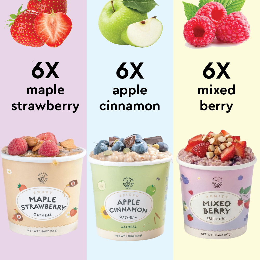 Three containers of oatmeal with different flavors and toppings on a colorful background.