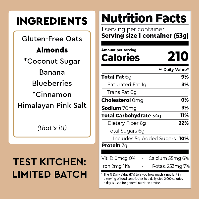 Nutrition label and ingredients list on a brown background with 'Test Kitchen: Limited Batch' text.