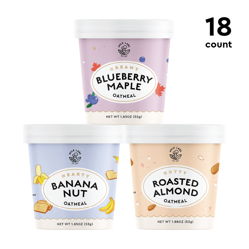 Protein Oatmeal Bundle-Mylk Labs Banana Nut, Blueberry Maple and Roasted Almond Instant Oatmeal Cups