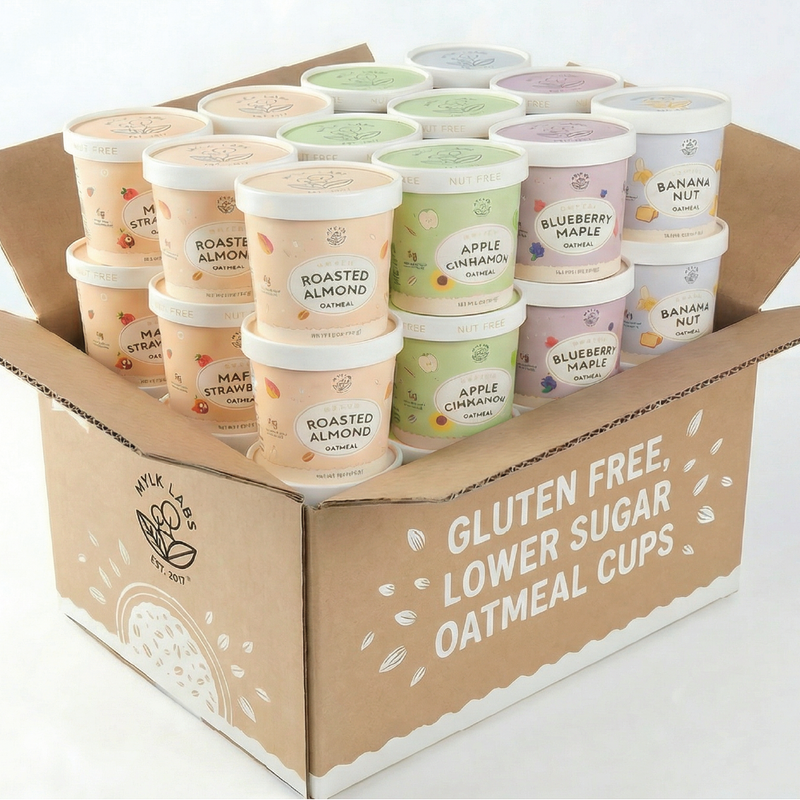Box of gluten-free, lower sugar oatmeal cups with various flavors.