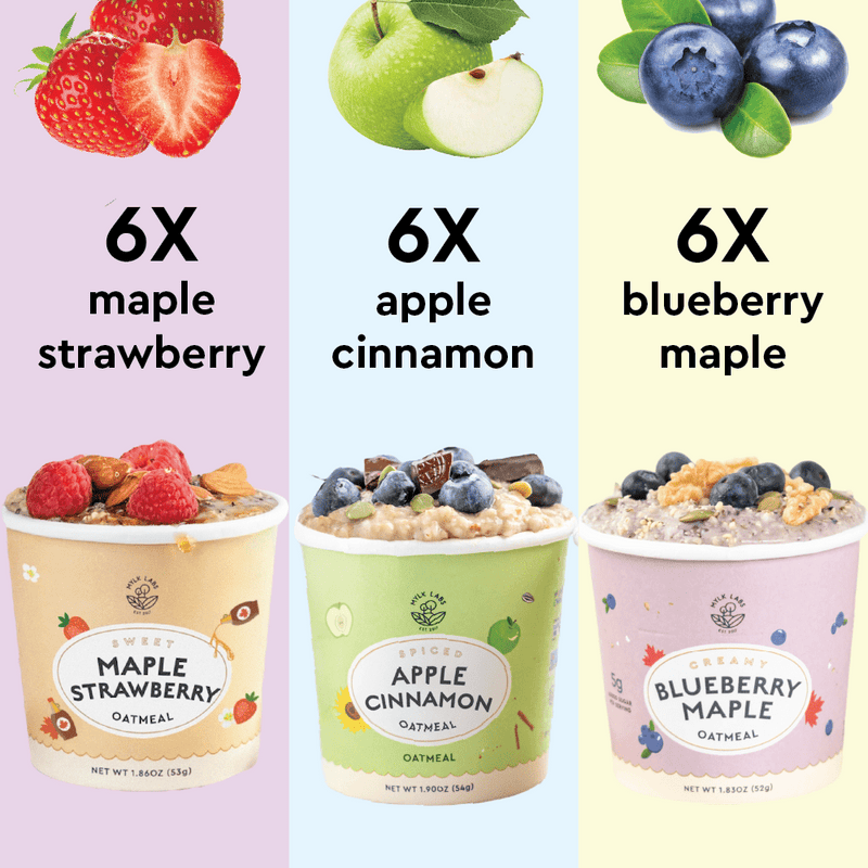 Fruity Oatmeal Bundle-Mylk Labs Apple Cinnamon, Blueberry Maple and Maple Strawberry Instant Oatmeal Cups hover
