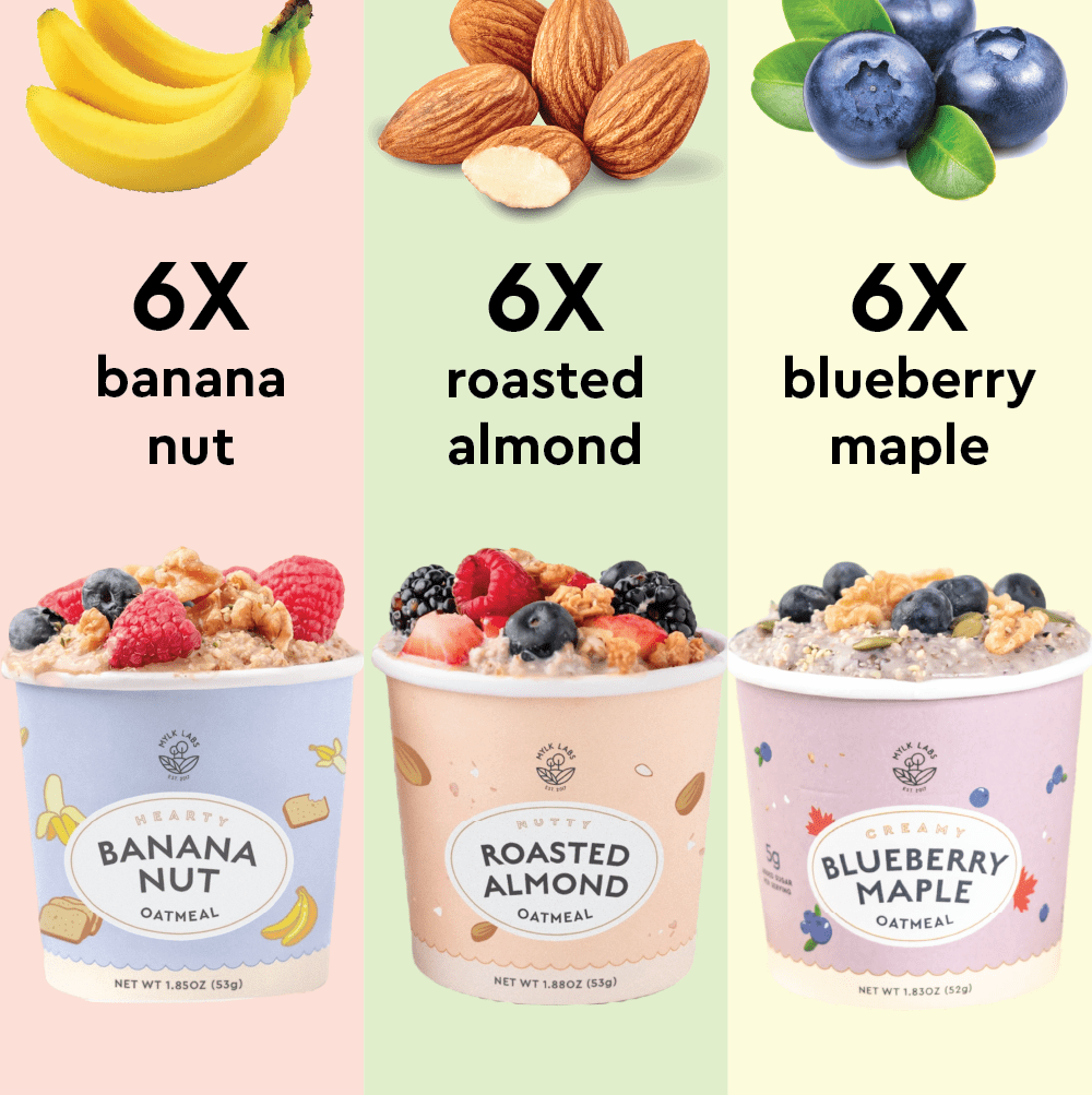 Protein Oatmeal Bundle-Mylk Labs Banana Nut, Blueberry Maple and Roasted Almond Instant Oatmeal Cups