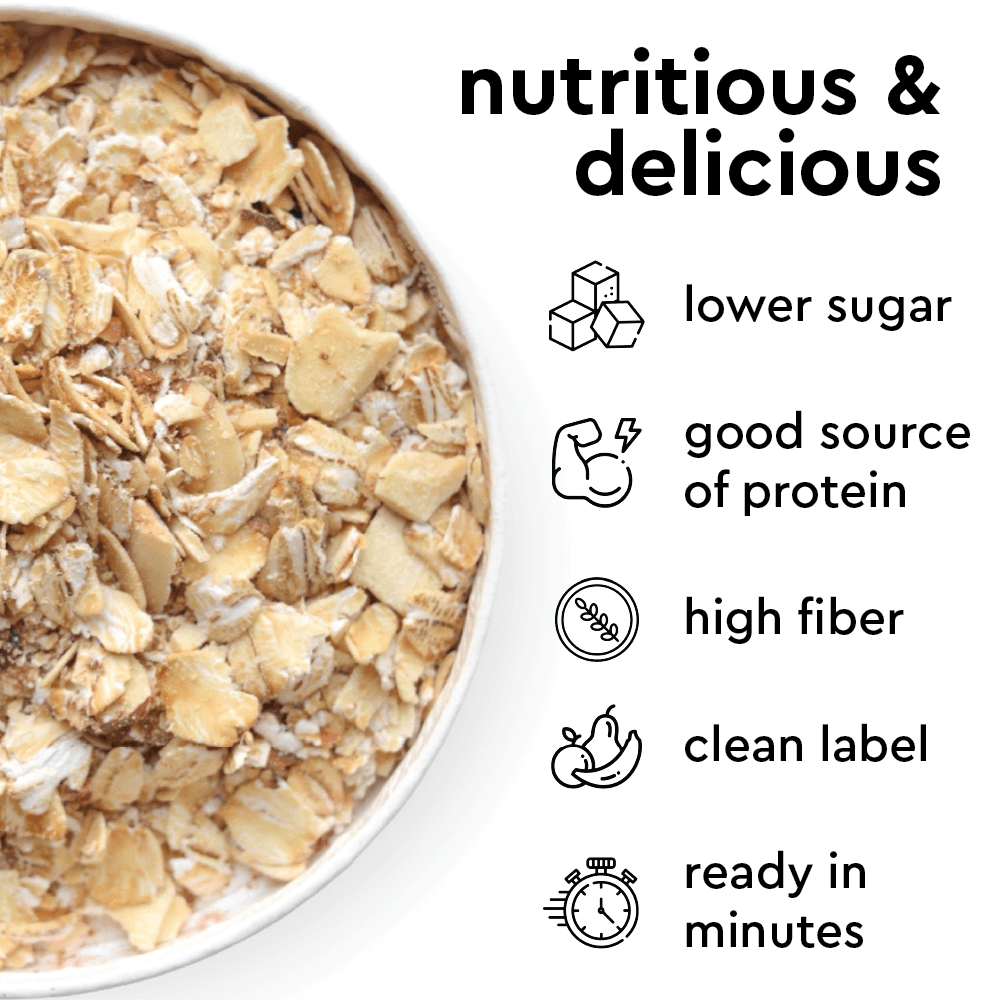 oatmeal features - lower sugar, high protein, high fiber, clean ingredients