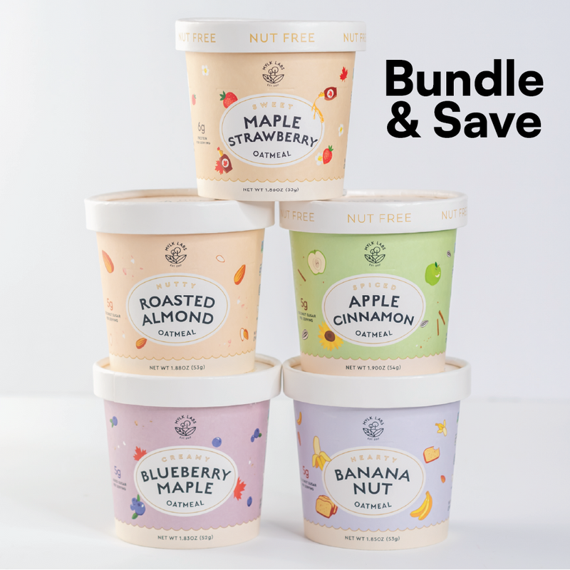 Five containers of oatmeal with different flavors stacked on a light gray background, featuring the text 'Bundle & Save'.