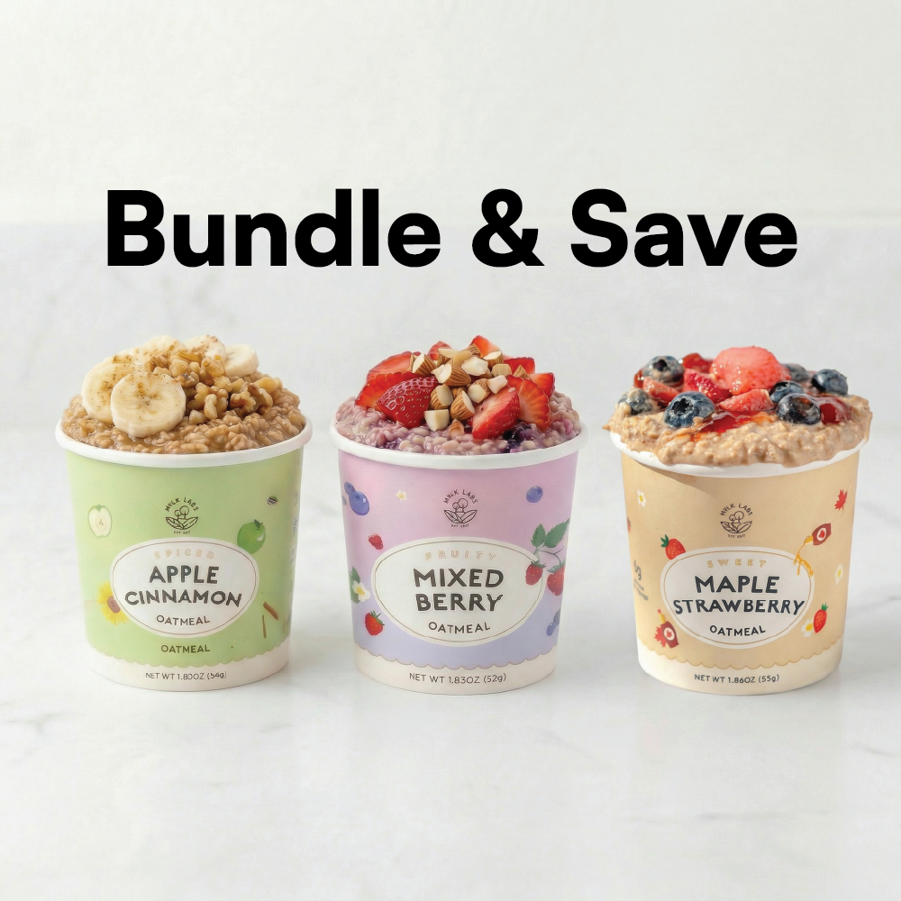Three containers of oatmeal with different flavors on a white background, labeled 'Bundle & Save'.