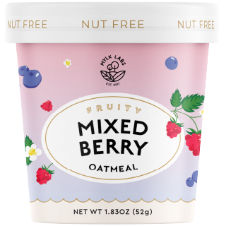 Package of mixed berry oatmeal with a pink background and colorful illustrations.