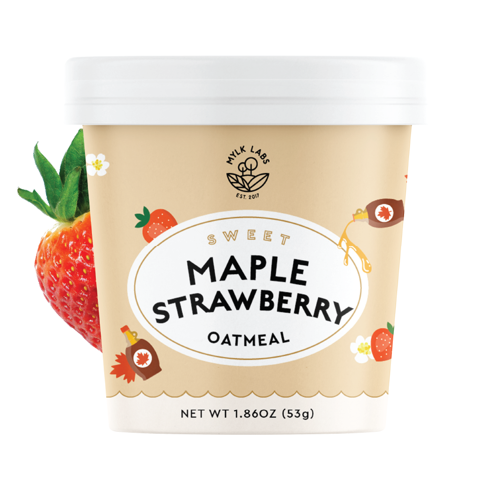 Container of Maple Strawberry Oatmeal with strawberry illustration on a white background