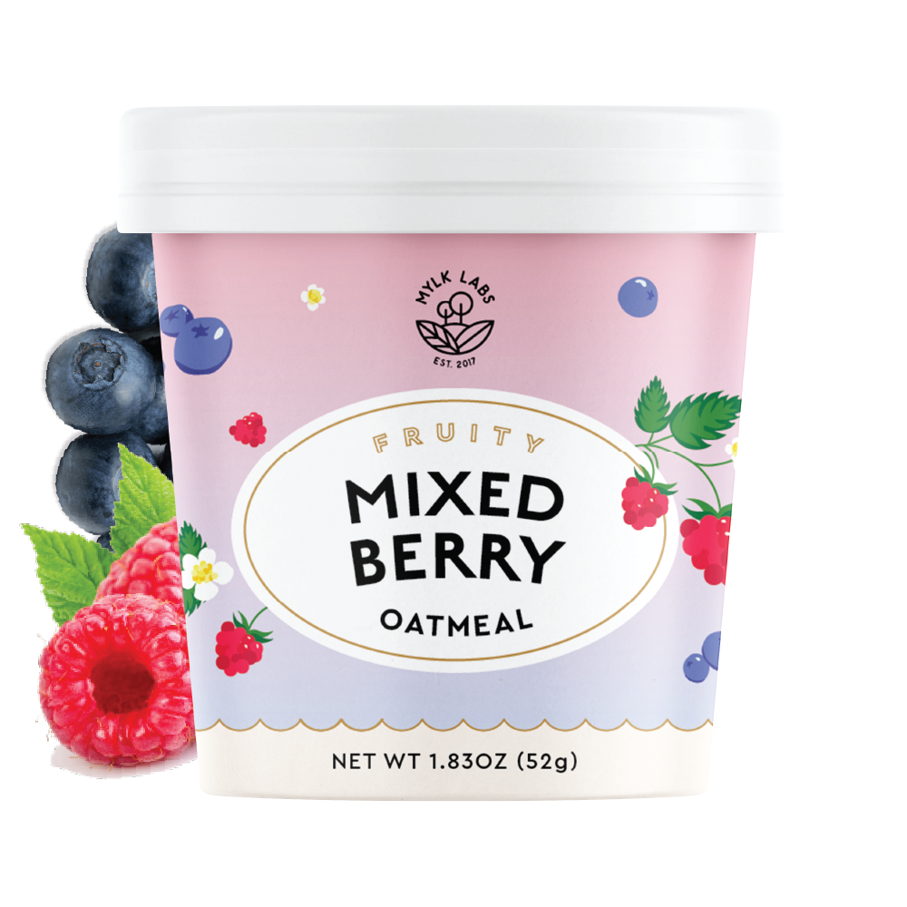 Mylk Labs Fruity Mixed Berry Oatmeal container with berry illustrations on a white background