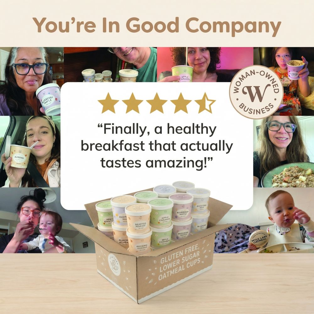 Box of oatmeal cups with people enjoying them, featuring a five-star rating and 'Woman-Owned Business' badge.
