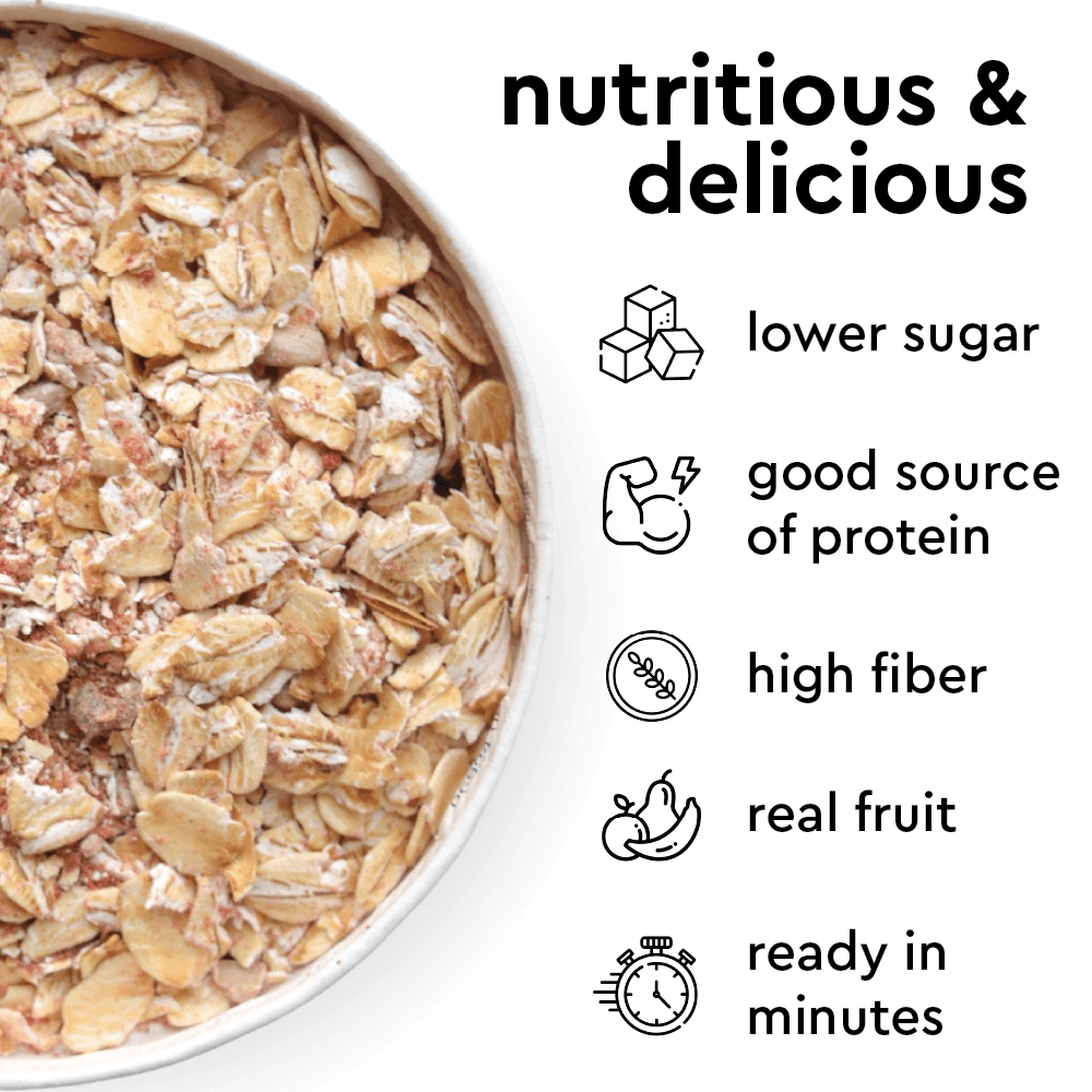 oatmeal features - low sugar, high protein, fiber, real fruit